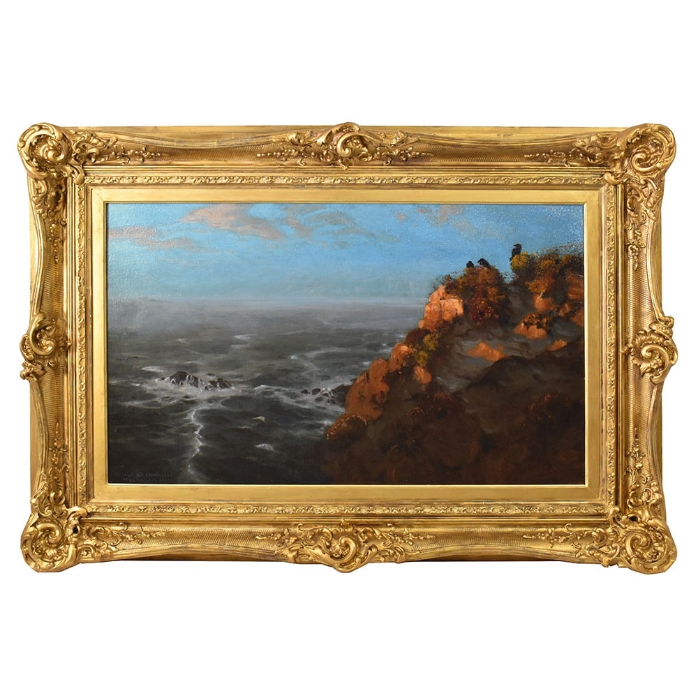OLD PAINTINGS, LARGE SEASCAPE WITH RAVENS AND ROCK, OIL ON CANVAS, EARLY 20TH CENTURY. (QM606)